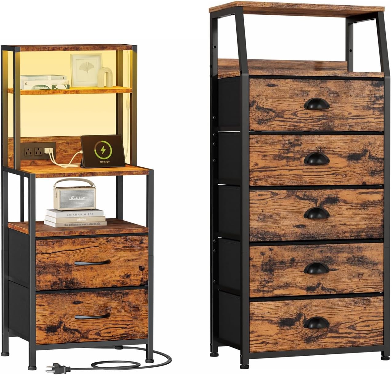 Furnulem Night Stand for Bedroom, Vertical Storage Tower Fabric Dresser Entryway, Nursery, Closet Organizer, Nightstand Bedside Table for Bedroom Living Room, Dorm, Rustic Brown