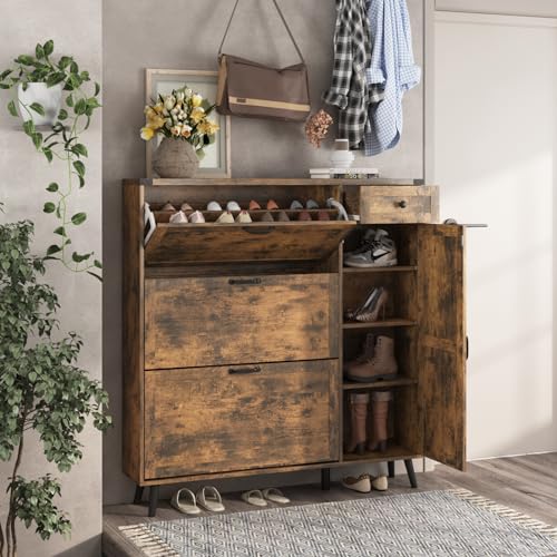 Shoe Cabinet for Entryway, Shoe Rack with Freestanding Tipping Bucket, Shoe Organizer with 3 Flip Drawers, Shoe Storage with Adjustable Shelf & Drawer, Brown