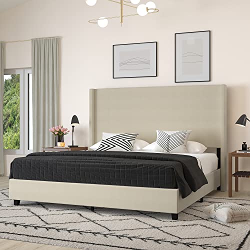 Merrick Lane Bramlett Modern Platform Bed - Gray Faux Linen - Queen - Padded Wingback Headboard - 3