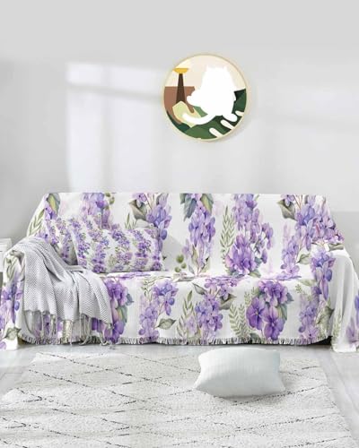 Floral Purple Cover Couch Covers for 3 Cushion Couch Throw Couch Cover with Tassel Soft Slipcover Watercolor Flowers Texture Leaves Plants White Couch Furniture Protector for Dog Pet 71