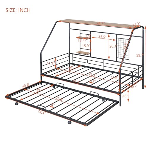 RUNNA Metal House Bed with Trundle, Built-in Shelf and Grid, Heavy Duty Metal Day Bed with Guardrail for Kids Boys Girls (Black, Full)