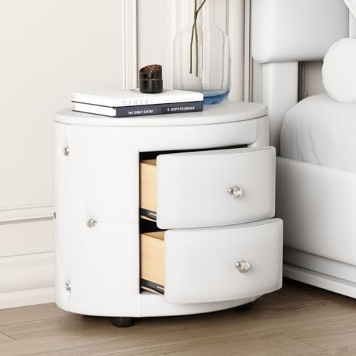 Elegant PU Leather Nightstand with Crystal Knob Accents, Two Drawers, Modern Bedroom Space-saving Table, White