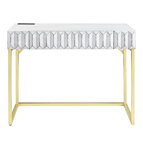 24/7 Shop at Home Bellevue Modern Metal 1 Drawer Writing Desk with USB Port, Power Outlet for Workstation, Home Office, Study Room, Antique White and Gold