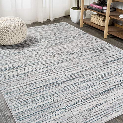 JONATHAN Y SOR200B-5 Loom Modern Strie' Indoor Area-Rug Solid Striped Casual Transitional Easy-Cleaning Bedroom Kitchen Living Room Non Shedding, 5 ft x 8 ft, Gray/Turquoise