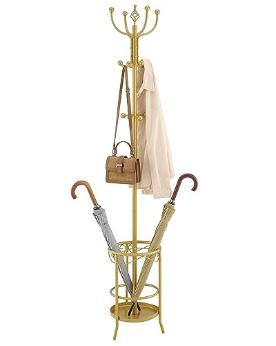 Tajsoon Coat Rack Stand with Umbrella Holder, Freestanding Coat Hanger Stand with Umbrella Stand, Entryway Coat Rack with 12 Hooks to Hold Clothes, Coat Tree for Living Room Bedroom Office, Grey