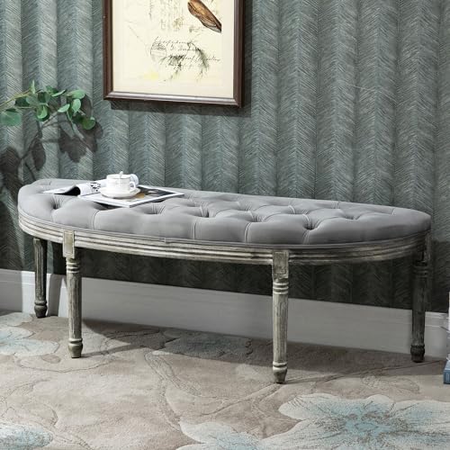 HOMCOM Vintage Semi-Circle End of Bed Bench, Upholstered Bedroom Entryway Bench with Tufted Velvet-Touch Fabric with Rubberwood Legs, Blue