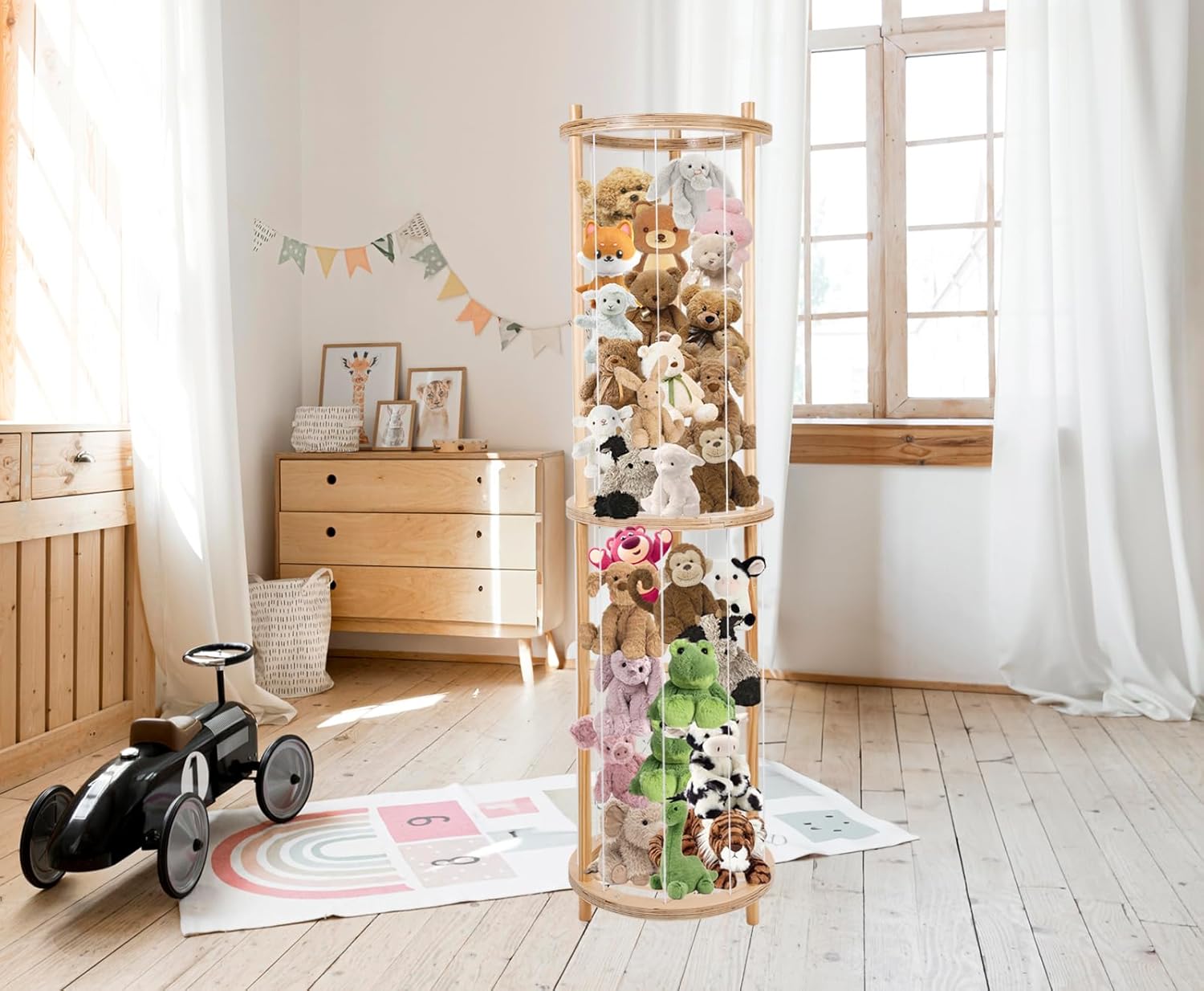 Round Animal Zoo Storage, Soft Toy Organizer, Solid Wood Zoo Cage for Plush Toys, Stuffed Animals Holder for Bedroom Playroom Nursery Room.