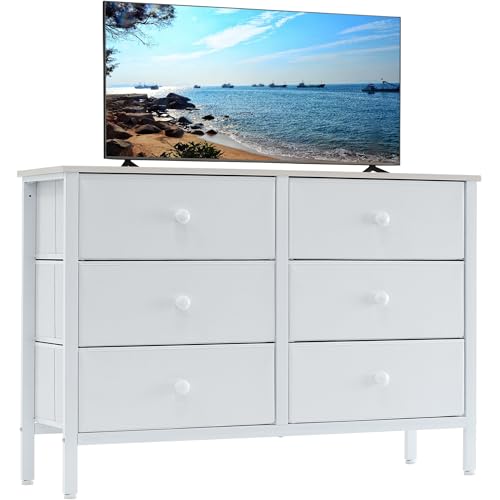 LYNCOHOME White Dresser for Bedroom, White Chest of 5 Fabric Drawers for Bedroom, Coat Closet, Check Room, Tall White Fabric Dresser