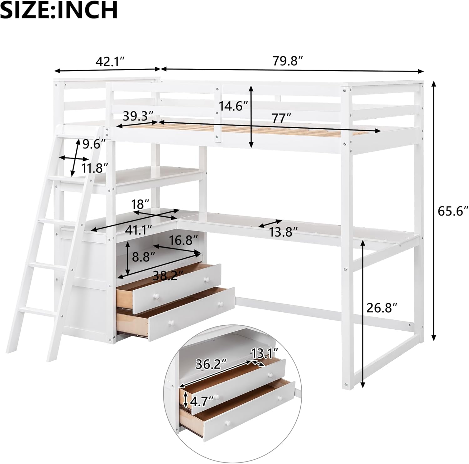 Twin Size Loft Bed with Desk and Shelves,Wooden Bedframe with Two Built-in Drawers for Bedroom,White
