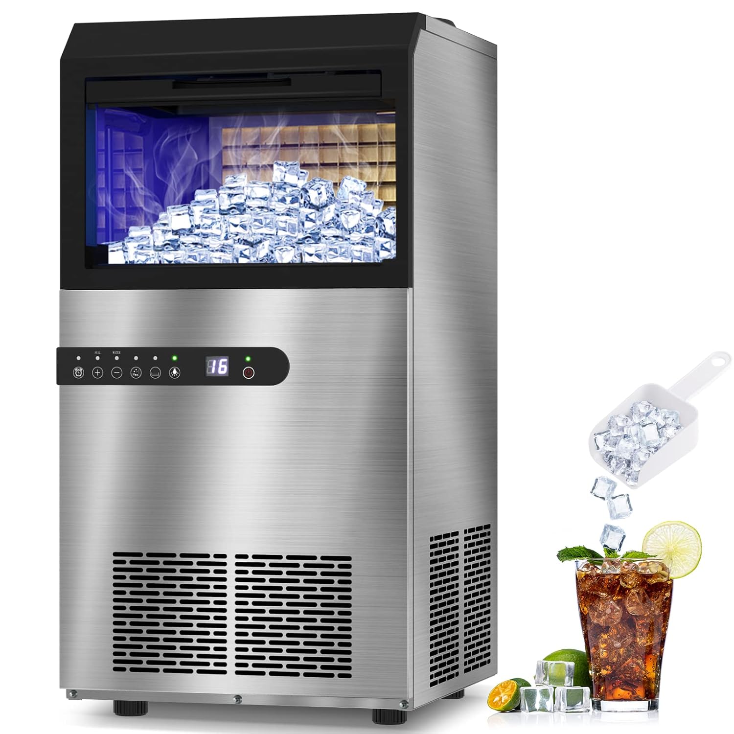 LifePlus Commercial Ice Maker Machine 100Lbs/24H, Stainless Steel Under Counter ice Maker with Large Storage Bin, 45 Ice Cubes/Cycle, 2 Way Water Supply, Freestanding for Home Party Shop Office Bar