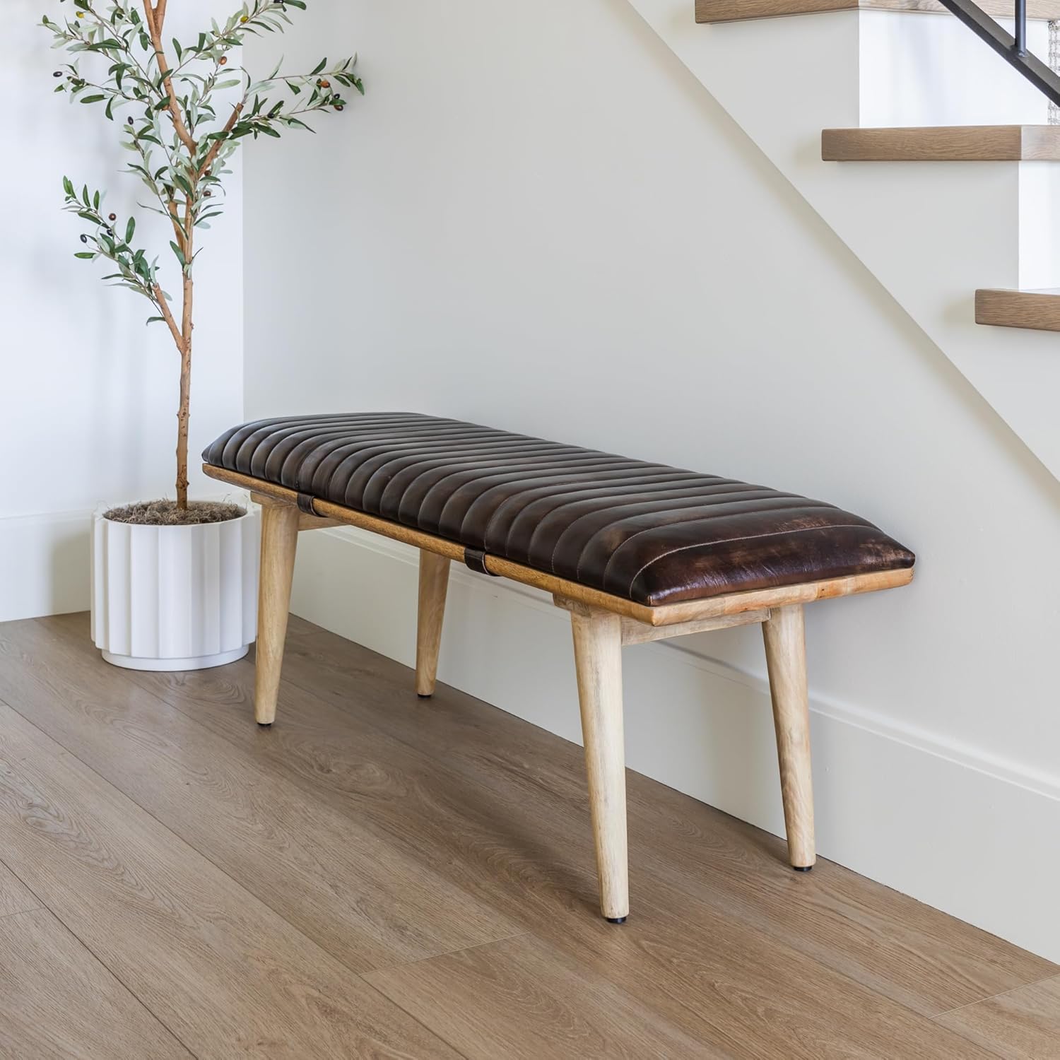 Mid Century Modern Wooden Bench with Genuine Leather Cushion, Foyer Entryway Bench, Bedroom Bench for Rustic Decor - Perfect for Living Room, Dining & Kitchen Bench - Ribbed Bench, L48