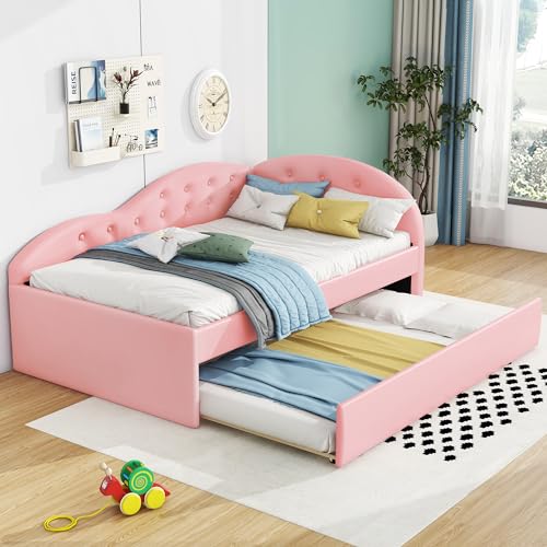 Harper & Bright Designs Full Daybed with Storage,PU Upholstered Tufted Daybed with 2 Drawers and Cloud Shaped Guardrail, Modern Full Storage Bed Sofa Daybed for Bedroom, Living Room,Pink