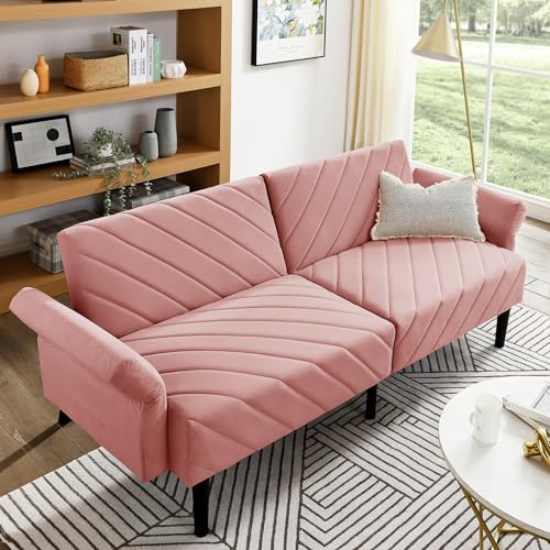 Velvet Futon Sofa Bed Couch, Convertible Sleeper Sofa with Adjustable Armrests and Backrest, 78