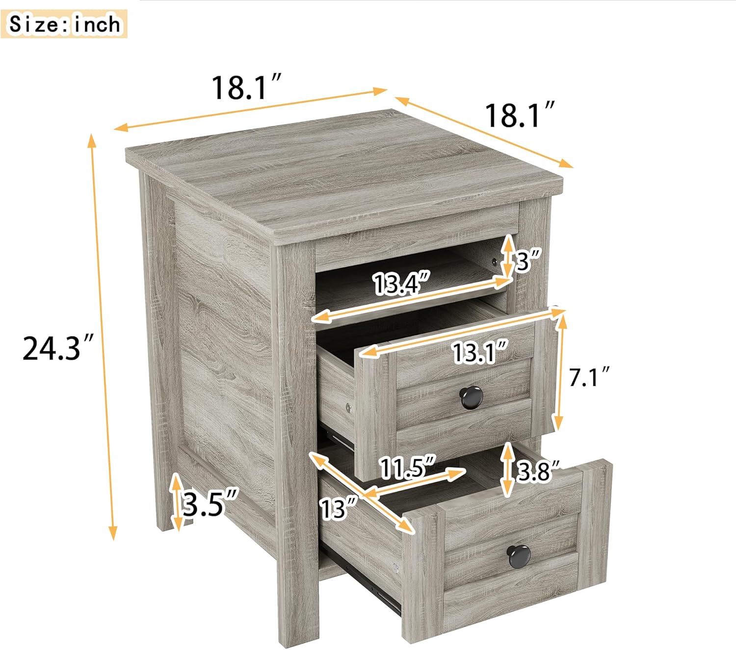 2-Drawer Farmhouse Wooden Nightstand with Well-proportioned Design and Sleek Lines, Wood Side Table with Storage Cabinet for Bedroom, Antique Gray