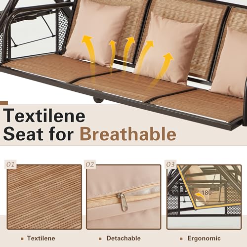 HOMREST 3 Seat Outdoor Porch Swing,Adjustable Canopy Porch Swings,Outdoor Swing with Stand, Patio Glider Chair with Thicken Cushions,Pillow & Cup Holder(Brown)