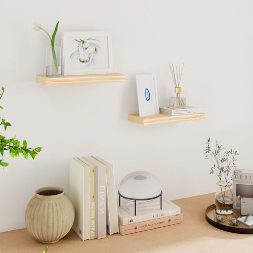 Fun Memories Wood Floating Shelves Set of 2, Rustic Pine Wood Floating Shelves for Wall Mounting, Wide Wall Shelves for Home Decor and Storage, 24