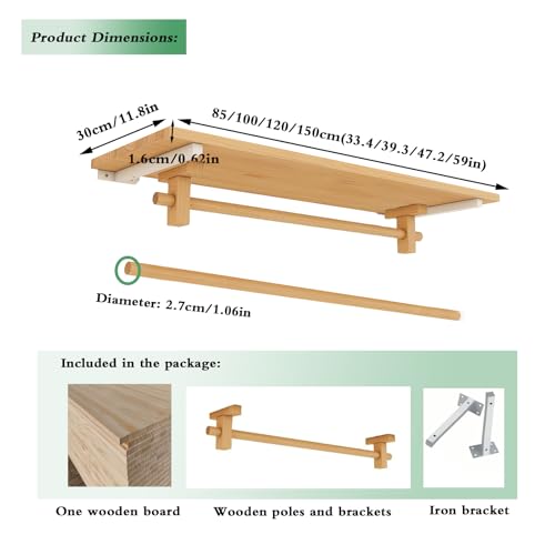 Solid Wooden Clothes Rack with Top Shelf, Wall Mounted Garment Rack, Closet System, Walk In Closet Organizer with Multi-Purpose Clothing Hanging Rod, for Open Cloakroom, Bedroom Closet Storage(100cm/3
