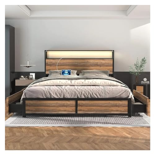 Bed, Full/Queen Size Bed Frame, Metal Platform Bed with USB Port and LED Light, Storage Drawer, Double Bed Compatible with Adults and Teenagers (Color : 2, Size : Queen)