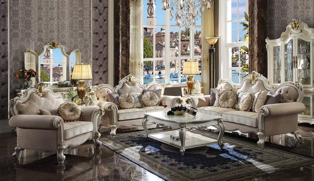 Acme Picardy Chair w/2 Pillows in Fabric & Antique Pearl