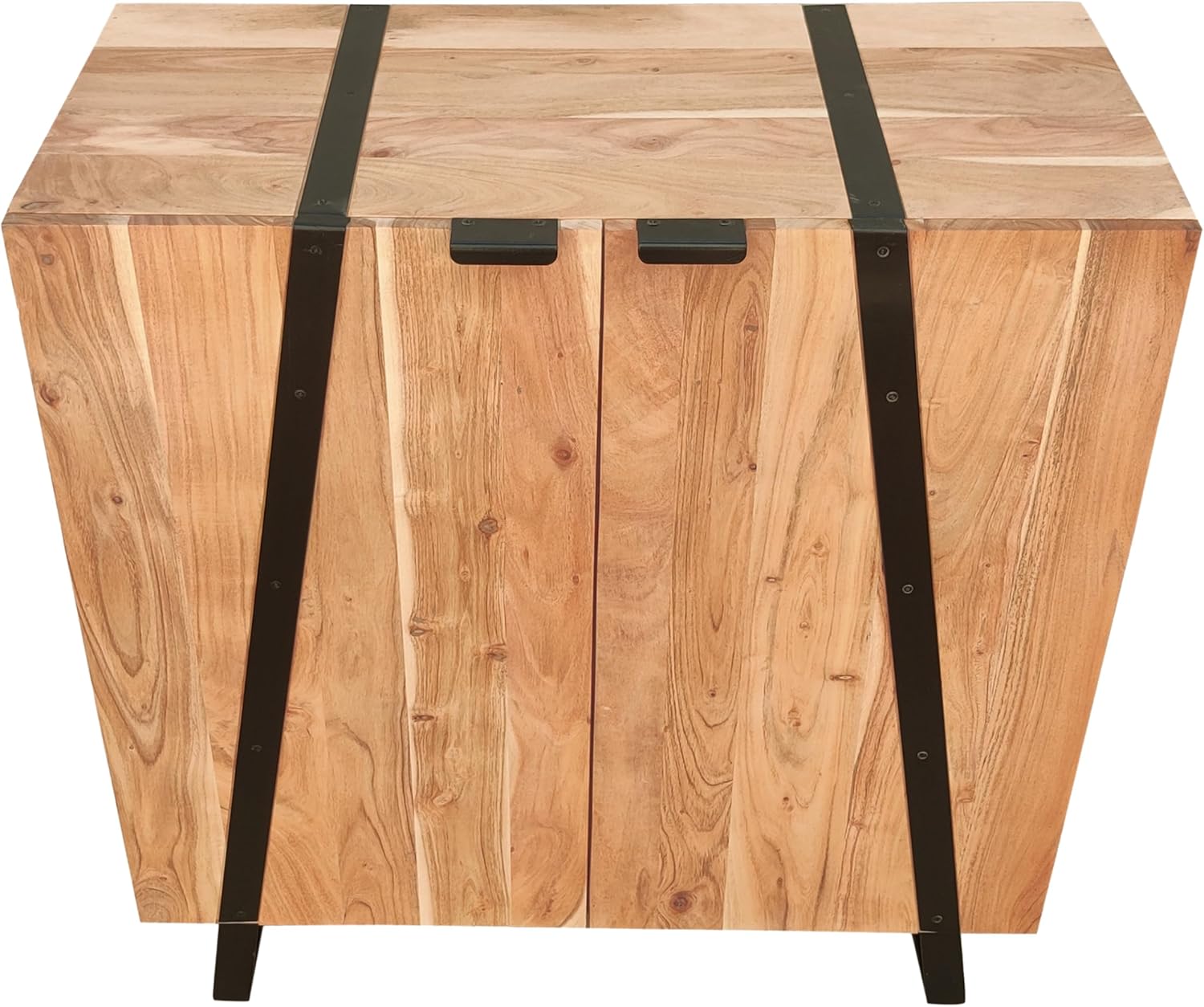 The Urban Port Aza Handcrafted 35 Inch Cabinet, Natural Brown Acacia Wood with Angled Black Iron Legs