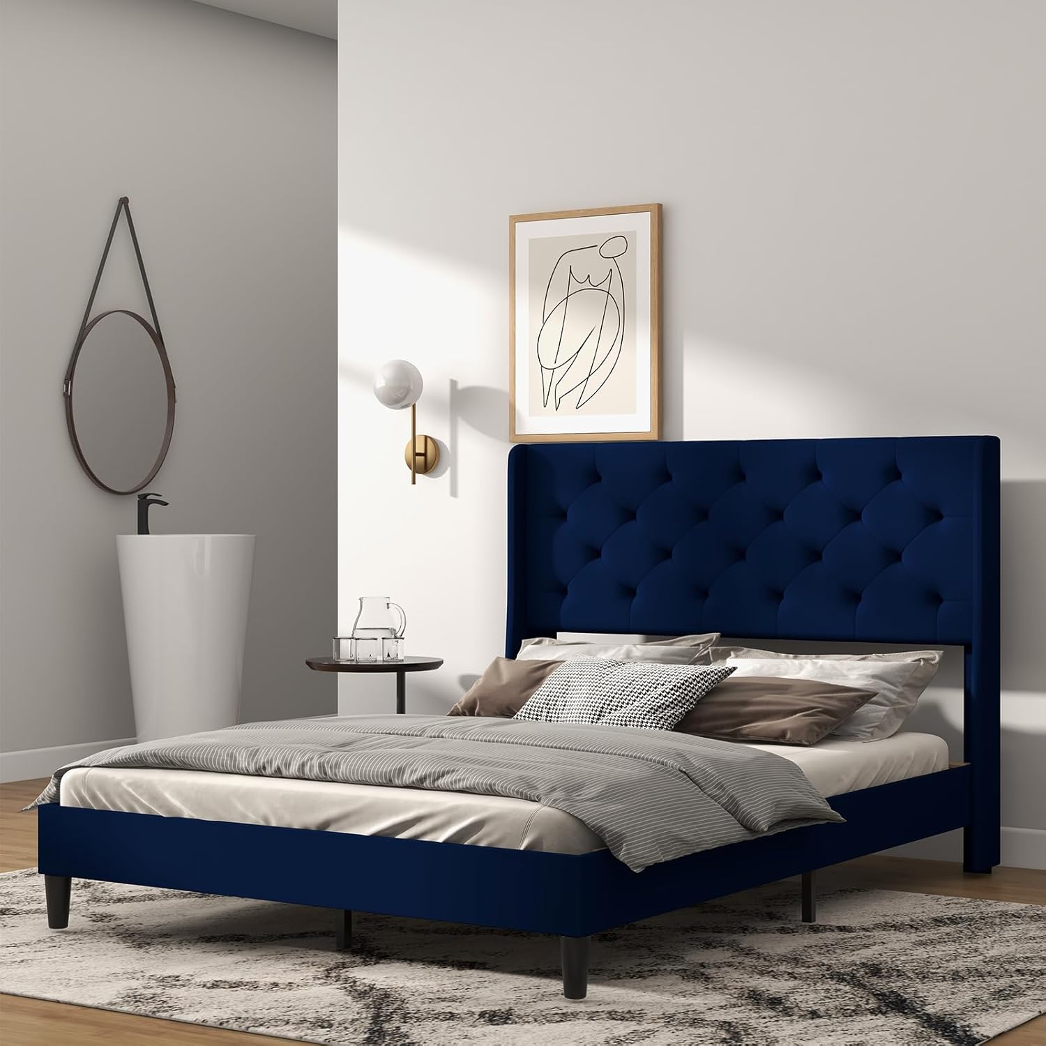 Queen Size Platform Bed Frame with Wingback, Velvet Upholstered Bed Frame, Strong Wooden Slats/No Box Spring Needed/Noise-Free, Easy Assembly -Blue