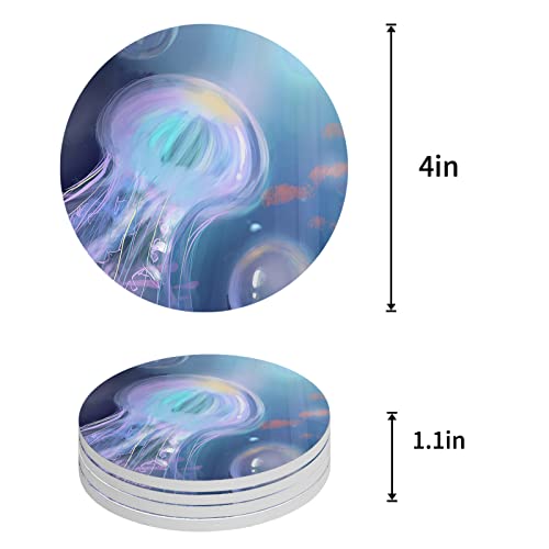 Coasters for Drinks with Holder, Mid Century Vintage Flowers Floral Theme Cambridge Blue Set of 4 Absorbent Ceramic Coasters with Cork Base,Ceramic Drink Coaster for Table Protection Home Decor