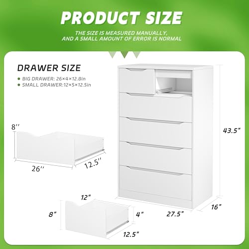 Greenvelly White Dresser, Tall 6-Drawer Dresser for Bedroom, Wood Dresser with 6 Large Drawers, Wooden Dressers & Chests of Drawers, Tall Dresser with Smooth Metal Rail for Nursery, Women, Family