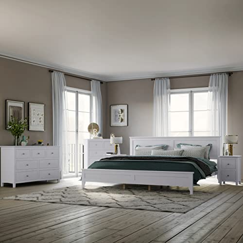 Merax 3-Piece Bedroom Furniture Set, Antique White Wood Bedroom Set with Queen Size Platform Bed w/USB Charging Ports, 6-Drawer Dresser and Nightstand