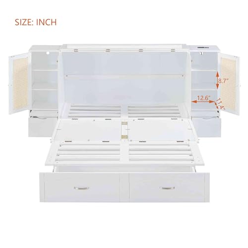 Foldable Full Size Murphy Bed, Hidden Cube Cabinet Bedframe with Slat Support, Space-Saving Wallbed for Bedroom, Livingroom, White