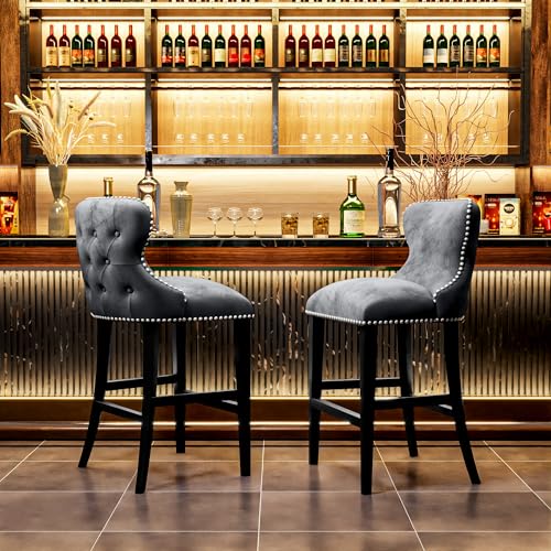 Upholstered Counter Height Bar Stools Set of 4, 26 inch Barstools with Backs, Velvet Counter Stools for Kitchen Island, High Tall Bar Chairs with Footrest, Nailhead Trim(White)