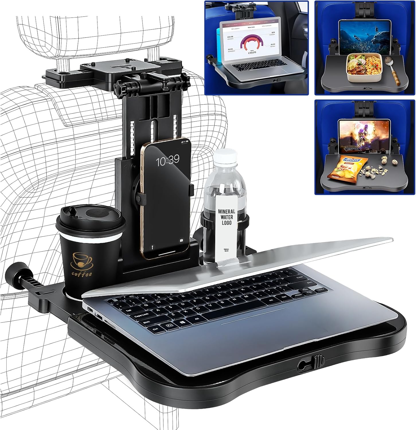 Car Seat Tray Table - Foldable Car Kids Passenger Roadtrip Eating Food Backseat Travel Trays Dinning Working Laptop Desk with Non-Slip Pad/Phone/Tablet Holder