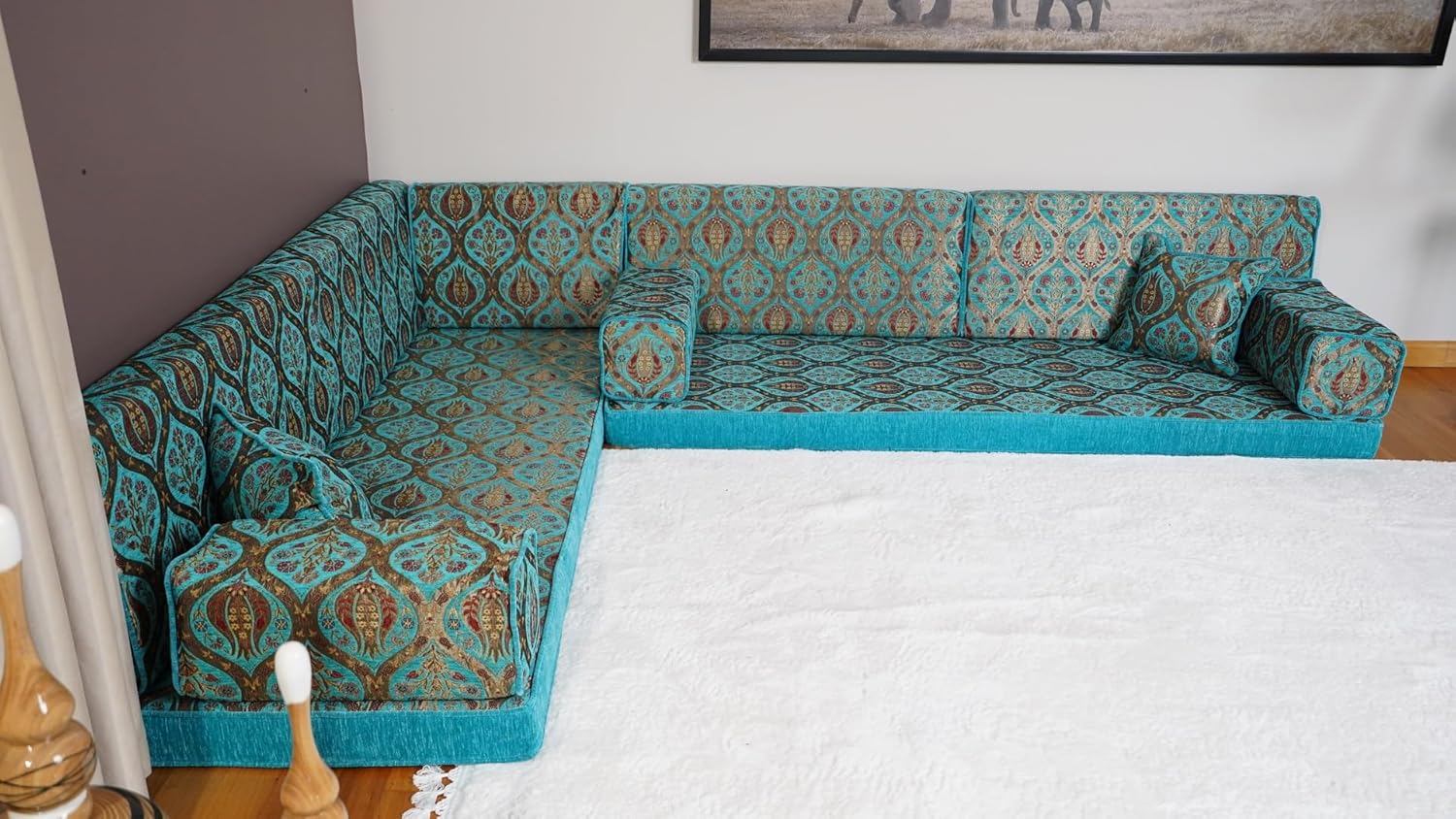 L Shaped Royal Turquoise Floor Sofa, Sofa Set Living Room, Diwan Sofa, Arabic Couch, Floor Pillow, Arabic Sofa, Floor Cushion (4'' Thickness Sofa, L Sofa Only)