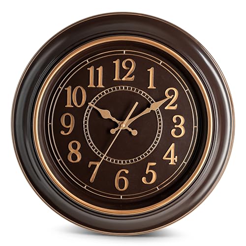Bernhard Products Large Wall Clock 18 Inch Quality Quartz Silent Non Ticking, Battery Operated for Home/Living Room/Over Fireplace, Beautiful Decorative Stylish Clock, Deep Brown & Copper Numbers