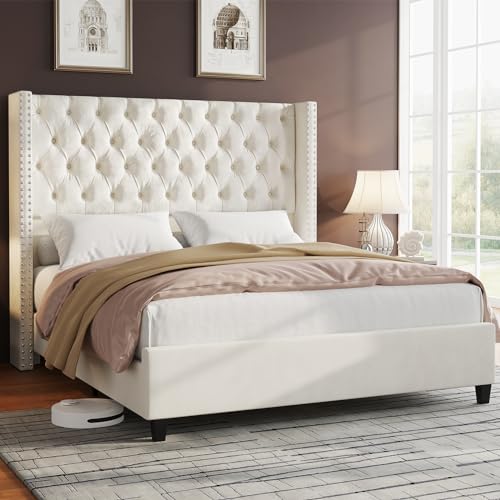 Jocisland Queen Size Bed Frame Velvet Upholstered Platform Bed with 51.6