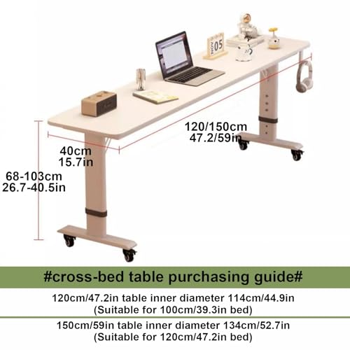 Overbed Table Wheels Overbed Table with 360° Wheels, Rolling Bed Table, Queen Size Mobile Bed Desk, Rolling Standing Desk, Laptop Cart, Rolling Bed Bar Table, for Home and, 1.5m/59in, White