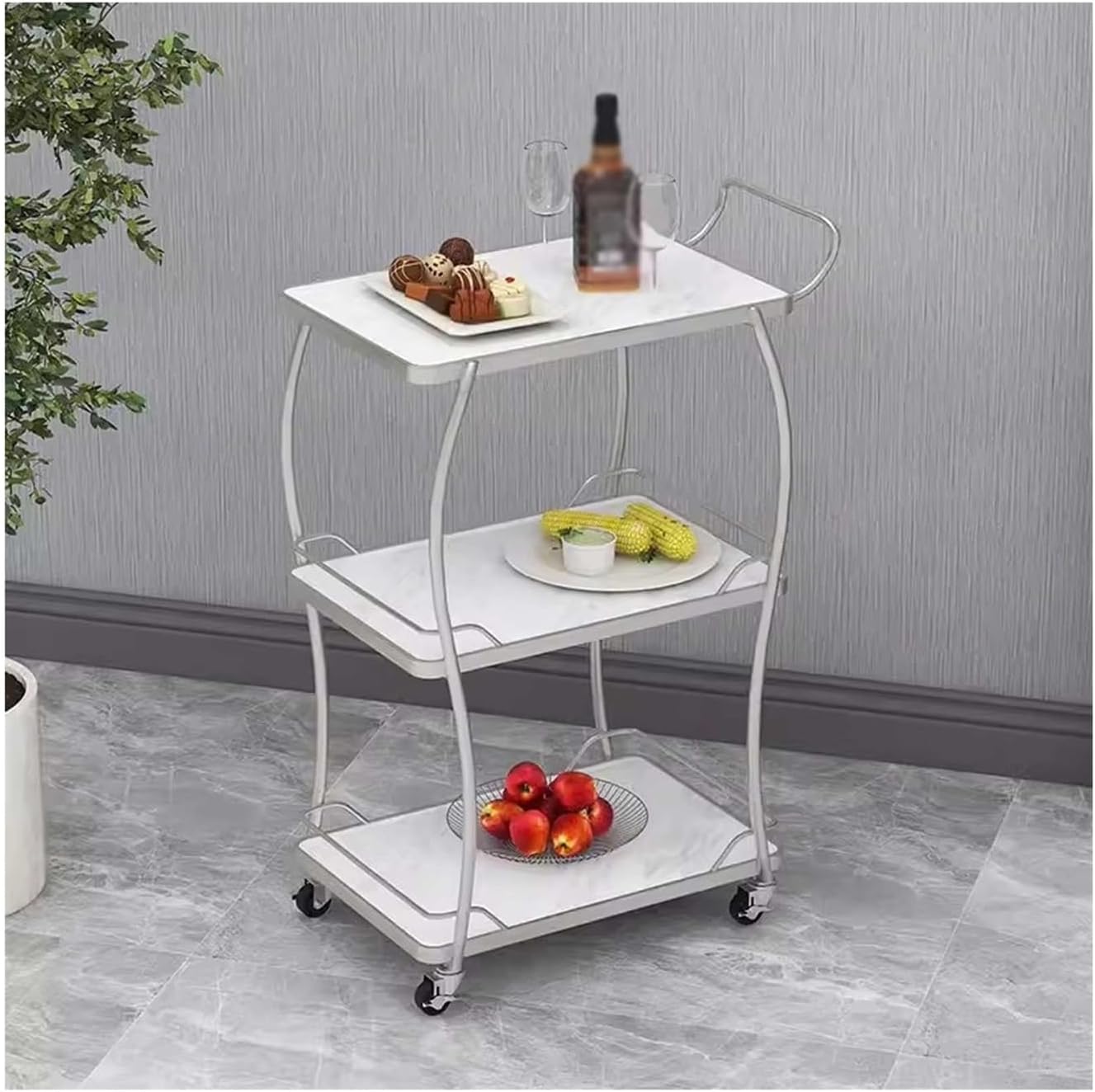 Bar Cart 3 Tier Bar Carts for The Home, Rolling Bar Cart, Bar Serving Cart with Wheels for Living Room, Kitchen, Dining Room, Silvery Drink Trolley
