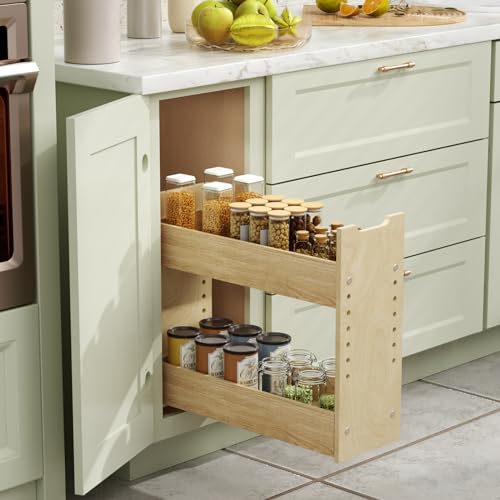 LOVMOR Adjustable Pull Out Cabinet Organizer 7½” W x 18½”H 2-Tier Narrow Cabinet Drawers Slide Out with Soft Close Wood Spice Rack for Narrow Cabinet