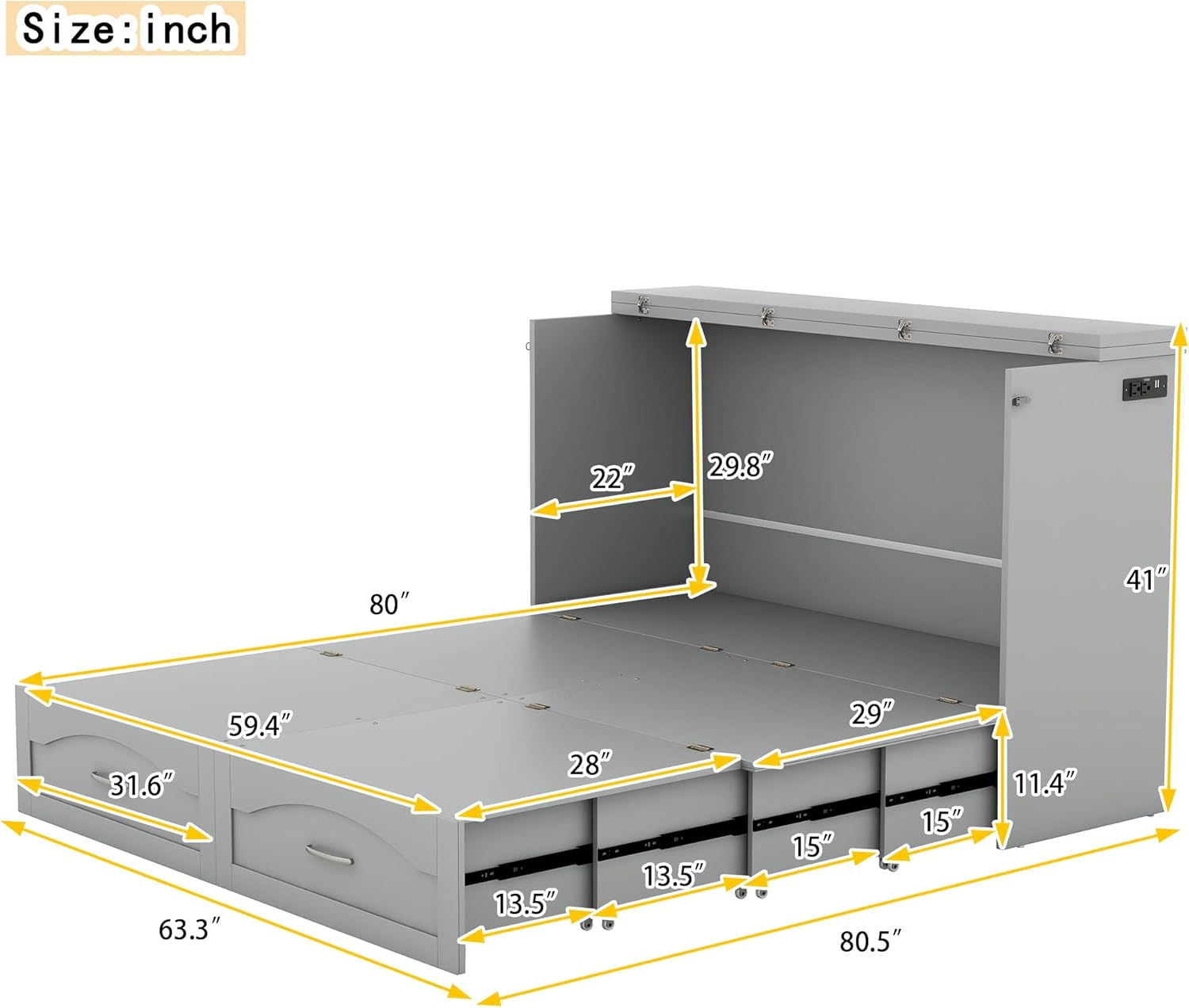 Queen Size Murphy Bed Wall Bed with Charging Stations and Storage Drawer, Space-Saving Cabinet Bed, Pulley Structure Design, Murphy Bed Chest for Guest Bedroom Apartments, Gray