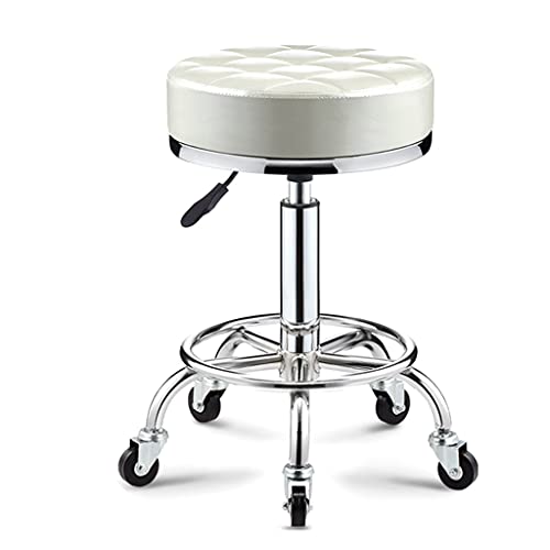 Round Rolling Stool Beauty Stools Chair Adjustable Height Chrome Steel Bar Stool Round Cushion, Salon Rolling Stool Swivel Chair On 5 Wheels, PU Leather Counter Stools Shop Work Stool with
