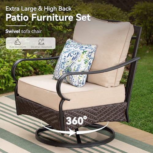 GREEN PARTY Extra Large Outdoor Patio Furniture Set 4 Pieces for 5, Modern Metal Patio Conversation Sets with High Back 3-Seat Sofa, 2 Swivel Chairs, 1 Coffee Table, for Garden, Backyard