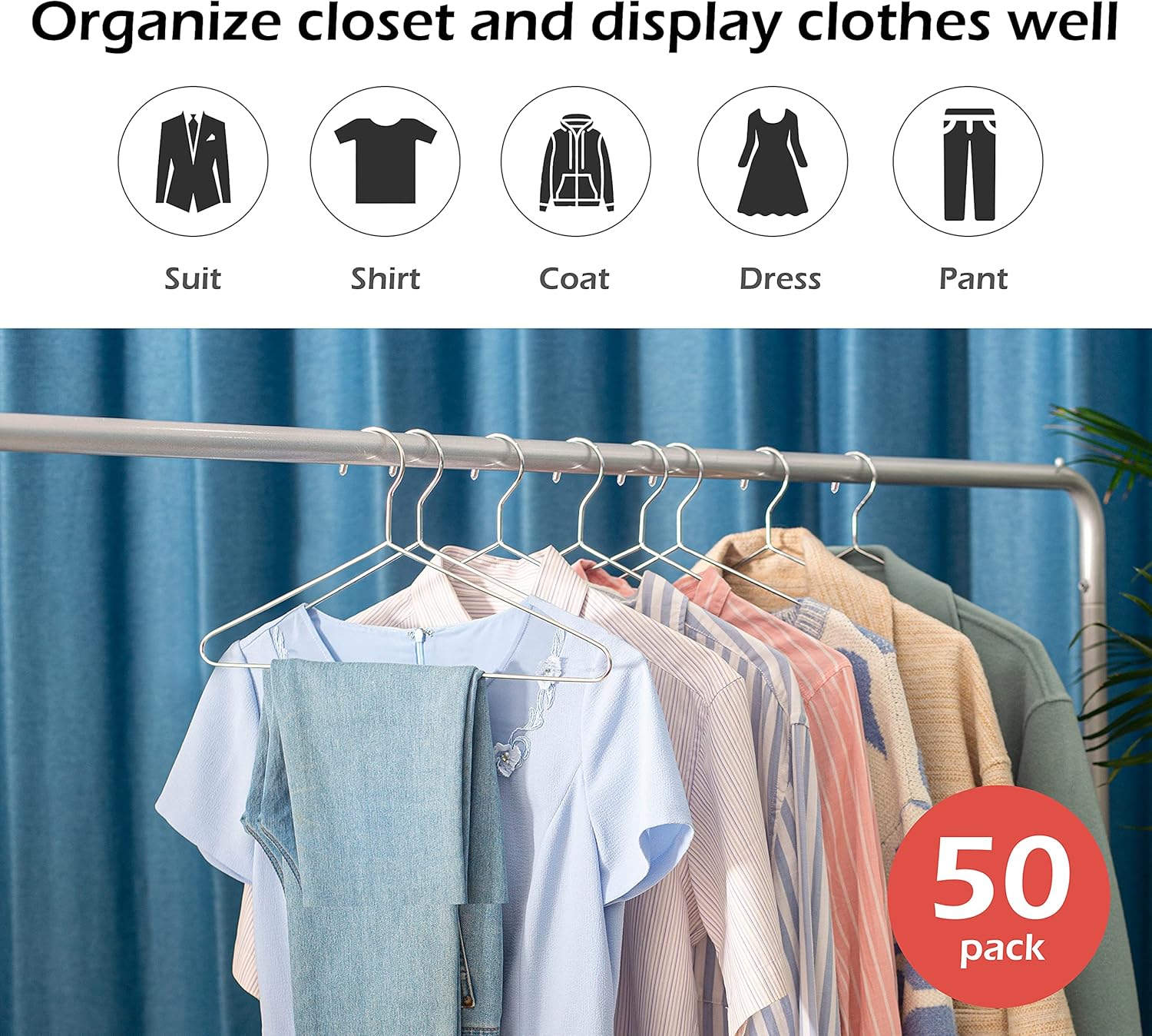 KEETDY 50 Pack Metal Hangers Coat Hangers Heavy Duty Stainless Steel Clothes Hanger for Closet Clothing Shirt Suit Pant 16.4 Inch