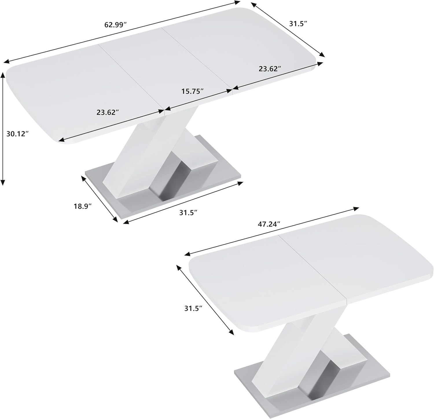 Modern Square Dining, Stretchable, White Top+MDF X-Shape Table Leg with Metal Base, 1