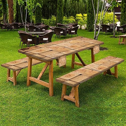 Outdoor Picnic Table Cover with Bench Covers 6Ft 3-pc Set Stacked inch x inch Wood Timber Side Profile Elastic Extra Long Rectangular Tablecloth Camping Waterproof Wipeable