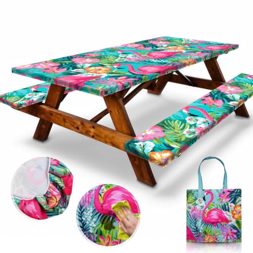 6ft Polyester Picnic Table Cover with Bench Covers and Carrying bag, Elastic all Around, Flannel Backing and Waterproof Picnic Table Covers with Elastic for Outdoor Picnic 72x30 Inches 4Pcs