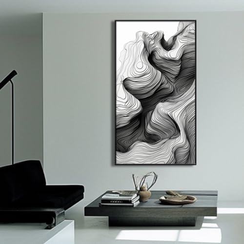 Black and White Abstract Wall Art, Modern Abstract Wall Art, Minimalist Black and White Abstract Canvas, Minimal Wall Art, Black and White Wall Art for Living Room (Abstract Texture, Black Metal Frame, 20