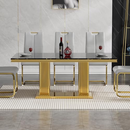 White Marble Dining Table for 6 Luxury Faux Marble Kitchen Table with Gold Mirrored Stainless Steel Base, 70
