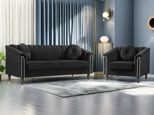 Living Room Furniture Set, Sectional Couches, Chesterfield Sofa Set, Fabric Loveseat Couch Set, 2-Piece Modern Sofa Set with Toss Pillows for Living Room/Bedroom/Office (Grey, Sofa+Loveseat)