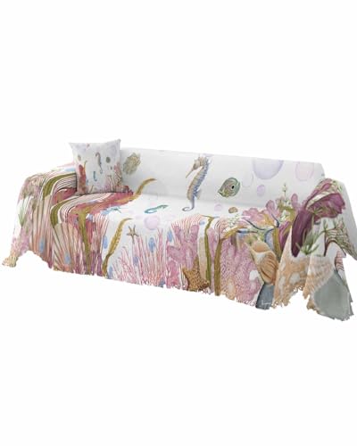 Ocean Seahorse Sofa Cover Couch Covers for 3-4 Cushion Couch Throw Couch Cover with Tassel Soft Sofa Slipcover Summer Watercolor Coral Conches White Couch Furniture Protector for Dog Pet 71