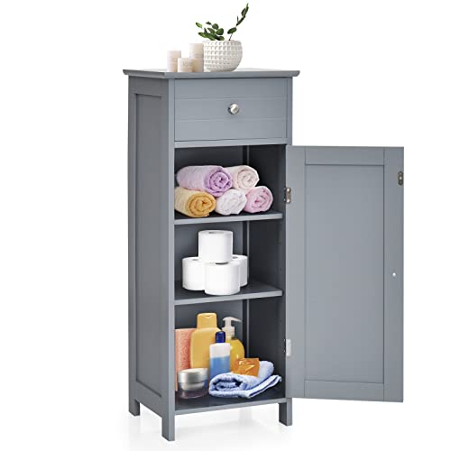 Hysache Bathroom Floor Storage Cabinet, Multifunctional Freestanding Organizer Cabinet w/Large Drawer & 2 Adjustable Shelves, Wooden Side Unit for Entryway Living Room Bedroom (Gray) (HW66372)