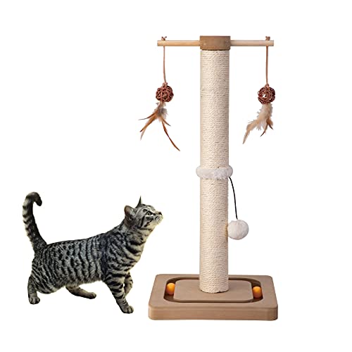Cat Scratching Post 31in Tall Sisal Scratch Posts with Perch Tracking Interatcive Toys Vertical Scratcher for Indoor Cats and Kittens,Three Hanging Ball Self Massage Brush Beige